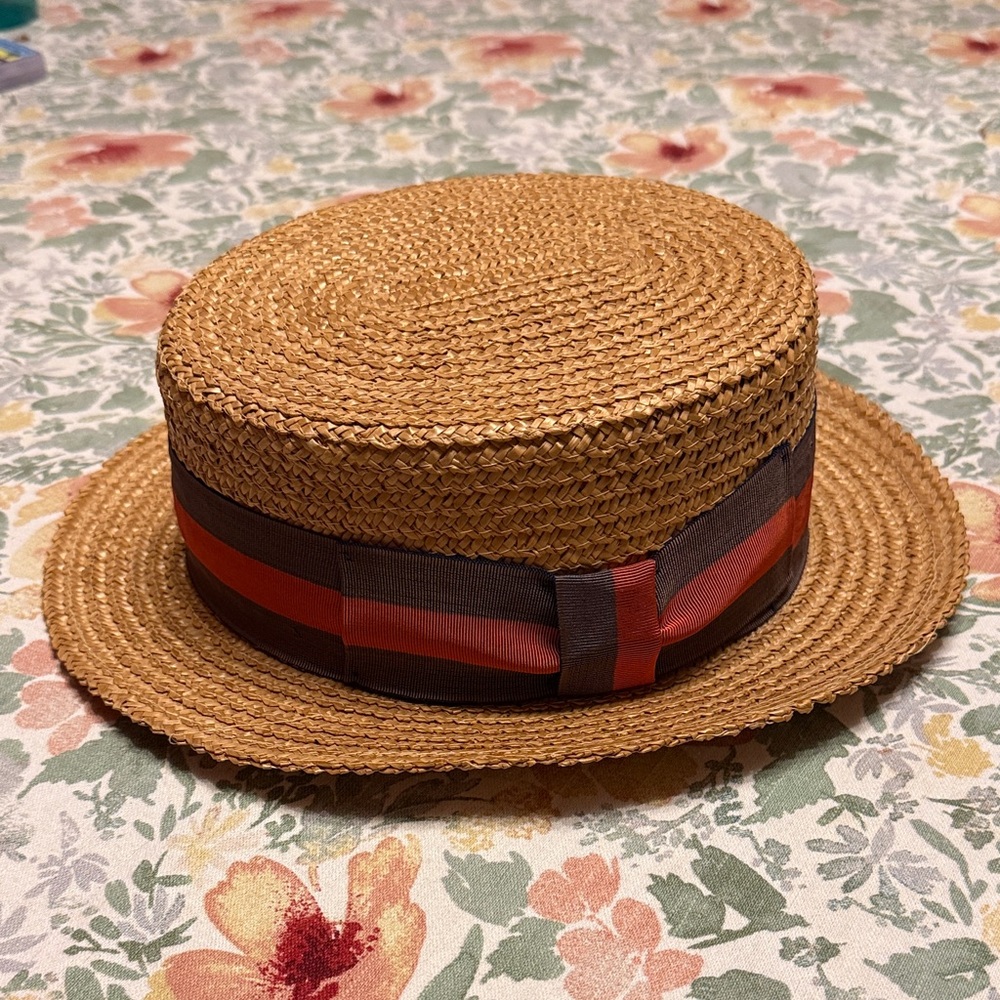 Stylish Vintage Made in Venice Straw Boater Hat Faded Red and Blue Ribbon